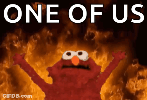 Elmo Surrounded By Flames One Of Us GIF
