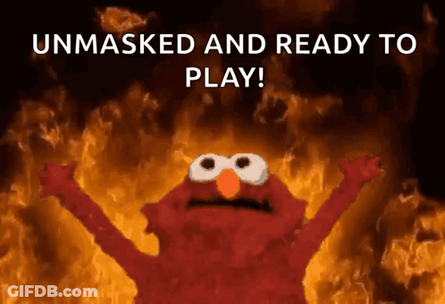 Elmo Unmasked Ready To Play In Front Of Fire GIF