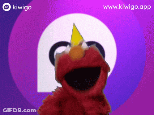 Elmo Wearing Yellow Party Hat In Front Of Kiwigo Logo GIF