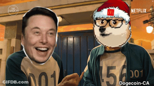 Elon Musk And A Dogecoin Wearing A Mcdonalds Santa Hat GIF