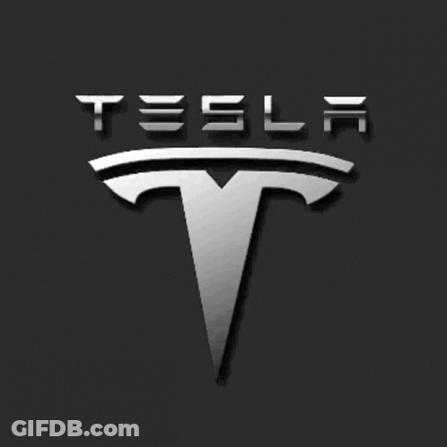 Elon Musk Is Smiling In Front Of A Tesla Logo GIF