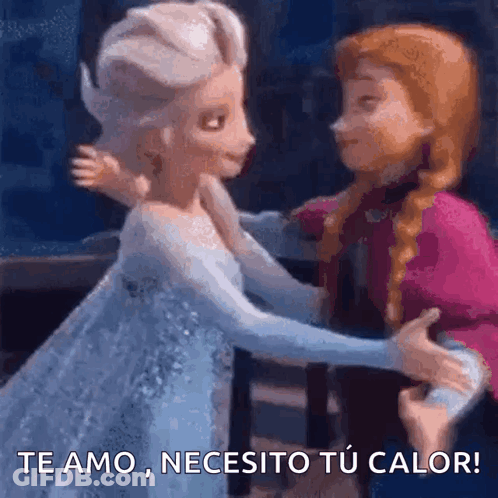 Elsa And Anna From Frozen Are Hugging Each Other In Spanish GIF