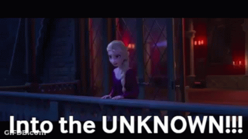 Elsa From Frozen Is Standing On A Balcony With The Words `` Into The Unknown !!! '' . GIF