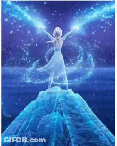 Elsa From The Movie Frozen Is Standing On Top Of A Mountain Of Ice . GIF