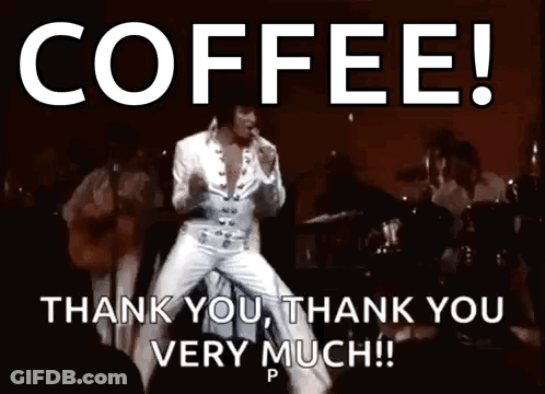 Elvis Presley Is Dancing On Stage With The Words Coffee Thank You Thank You Very Much ! GIF