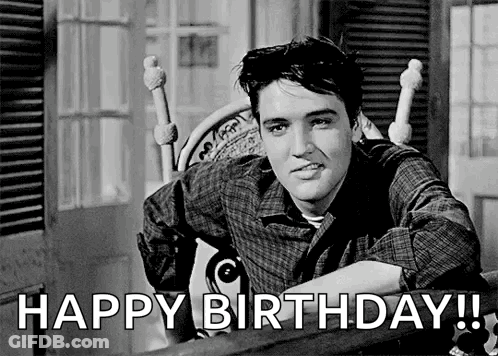 Elvis Presley Is Sitting In A Chair In A Black And White Photo With The Words `` Happy Birthday '' . GIF