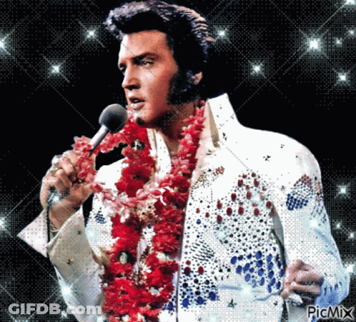 Elvis Presley Singing Into A Microphone While Wearing A Red Flower Lei Around His Neck GIF