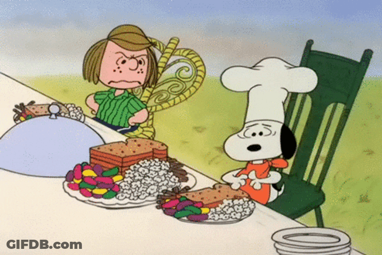 Embarrassed Little Snoopy At Dinner GIF