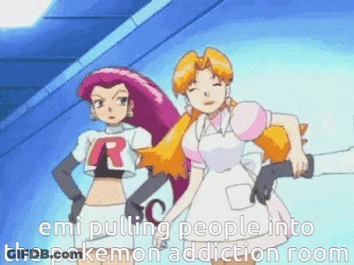 Emi Pulling People Into The Pokemon Addiction Room Is Written On The Screen GIF