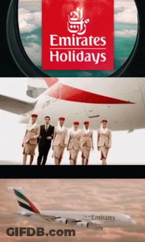 Emirates Holidays Poster With Flight Attendants And Airplane GIF