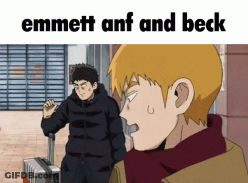 Emmett And Beck Are Standing Next To Each Other In An Anime Scene GIF