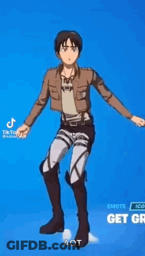 Eren Yeager From Attack On Titan Is Dancing On A Blue Background . GIF
