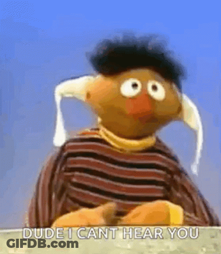 Ernie From Sesame Street Is Wearing A Striped Shirt And A Hat And Says `` Dude I Can T Hear You '' . GIF