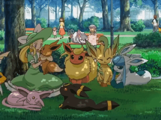 Espeon And Other Pokemon In The Park GIF