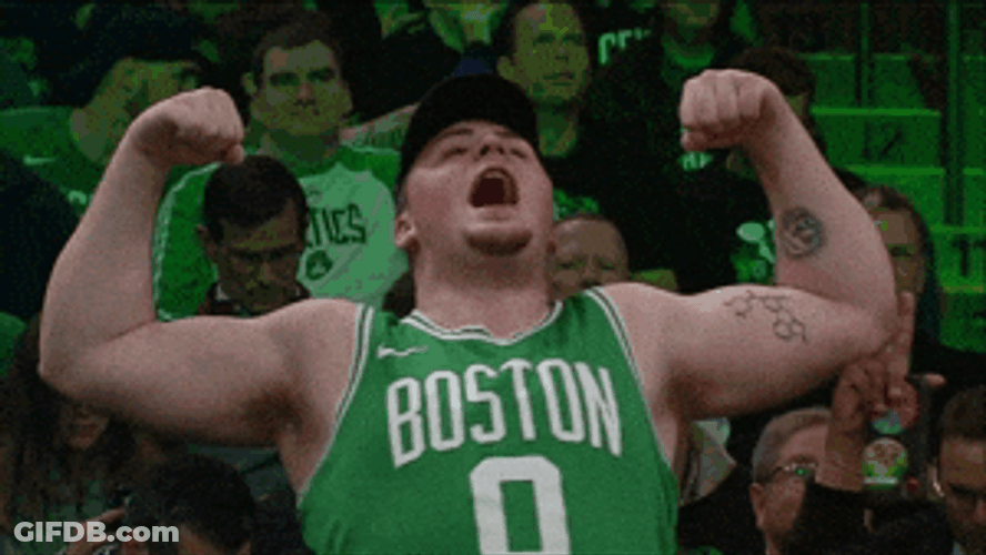 Excited Boston Celtics Fan Flexing Muscles GIF