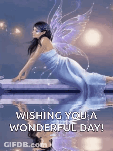 Fairy Blue Dress Purple Wings On Wall Overlooking Water GIF