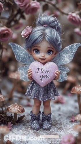 Fairy Doll Holding Pink Heart I Love You GIF