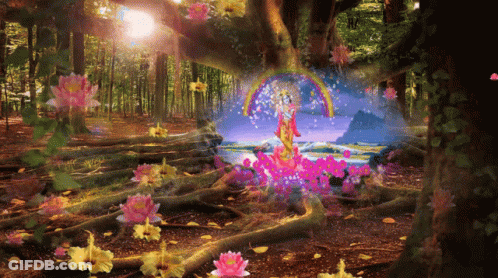 Fairy In Forest With Rainbow And Flowers GIF