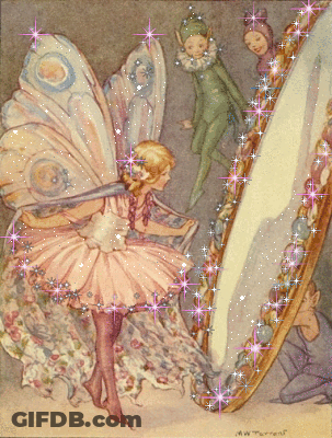 Fairy Looking In Mirror Surrounded By Elves GIF