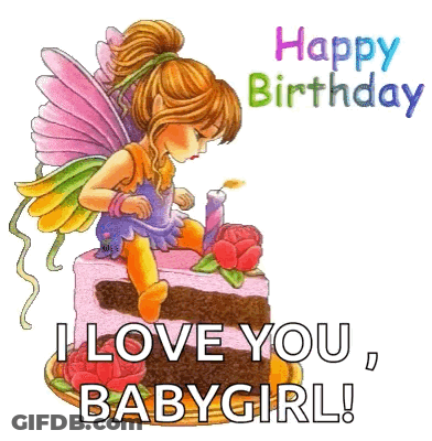 Fairy On Cake With Candle Saying I Love You Babygirl GIF