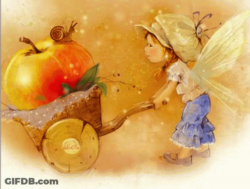 Fairy Pushing Wheelbarrow Full Of Apples And Snail GIF