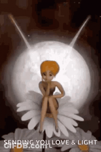 Fairy Sitting On Daisy With Light Bulb GIF