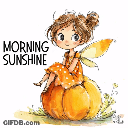 Fairy Sitting On Pumpkin Saying Morning Sunshine GIF