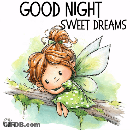 Fairy Sitting On Tree Branch Saying Good Night Sweet Dreams GIF