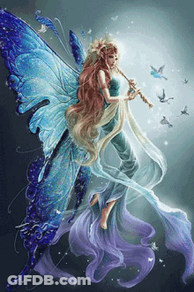 Fairy With Blue Wings Playing Flute Surrounded By Birds GIF