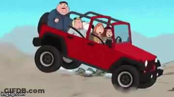 Family Guy Driving Red Jeep Down Dirt Hill GIF