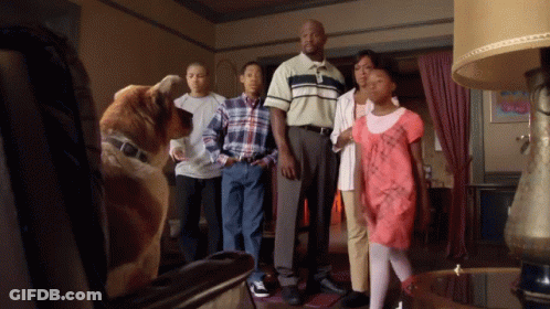 Family Standing In Living Room With Dog GIF