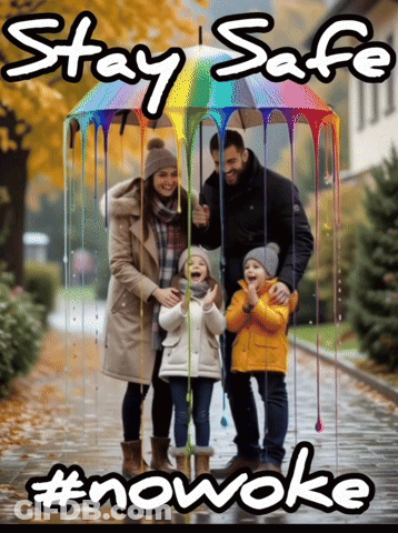 Family Under Umbrella Saying Stay Safe GIF