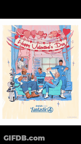 Fantastic Four Valentine's Day Poster With Hearts And Balloons GIF