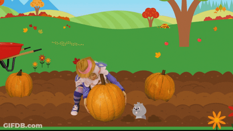 Farming Lady Sheep Carrying Pumpkins GIF