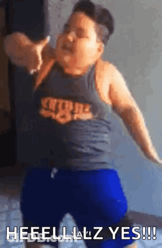 Fat Boy In Tank Top And Blue Shorts Dancing Says Heeelllz Yes GIF