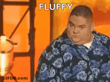 Fat Man In Blue Floral Shirt In Front Of Orange Wall Saying Fluffy GIF