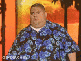 Fat Man In Blue Floral Shirt Standing In Front Of Palm Tree GIF