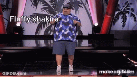 Fat Man In Blue Shirt On Stage With Fluffy Shakira GIF