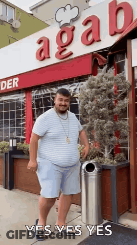 Fat Man In Front Of Restaurant With Trash Can GIF