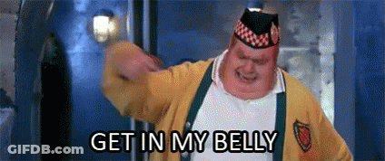 Fat Man In Hat And Yellow Sweater Dancing Saying Get In My Belly GIF