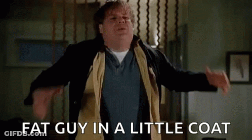 Fat Man In Little Coat Standing GIF