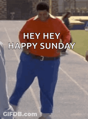 Fat Man In Red Shirt And Blue Pants Dancing Hey Hey Happy Sunday GIF