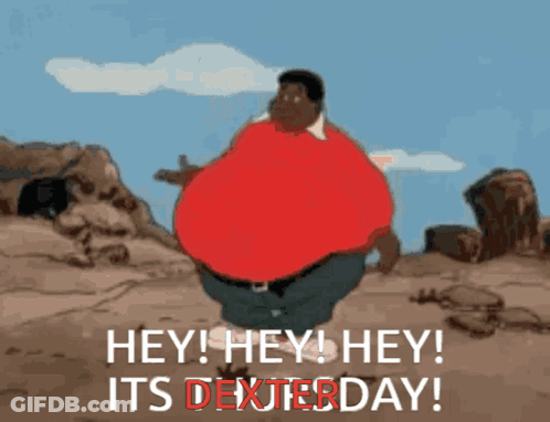 Fat Man In Red Shirt Says Hey Hey Hey Dexterday GIF