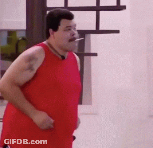 Fat Man In Red Tank Top Smoking Cigarette While Running GIF