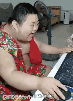Fat Man Sitting At Computer Using Mouse GIF