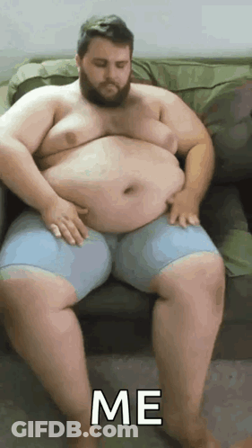 Fat Man With Beard Hands On Belly Saying Me GIF