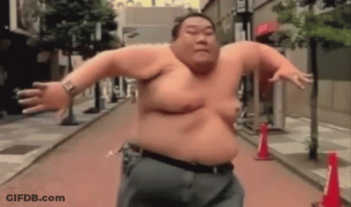 Fat Man Without Shirt Walking Down Street GIF