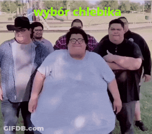 Fat Men With Wybor Chlebika In Green Letters GIF
