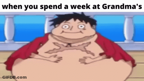 Fat Monkey D Luffy Sitting On Bench Hands On Stomach GIF