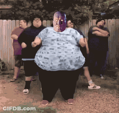 Fat People, One In Purple Mask, At Fence GIF